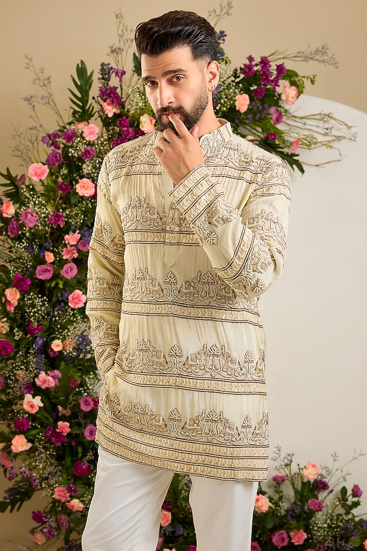 Gold Tissue Cutdana Hand Embellished Kurta by Kasbah Clothing at Pernia's Pop Up Shop