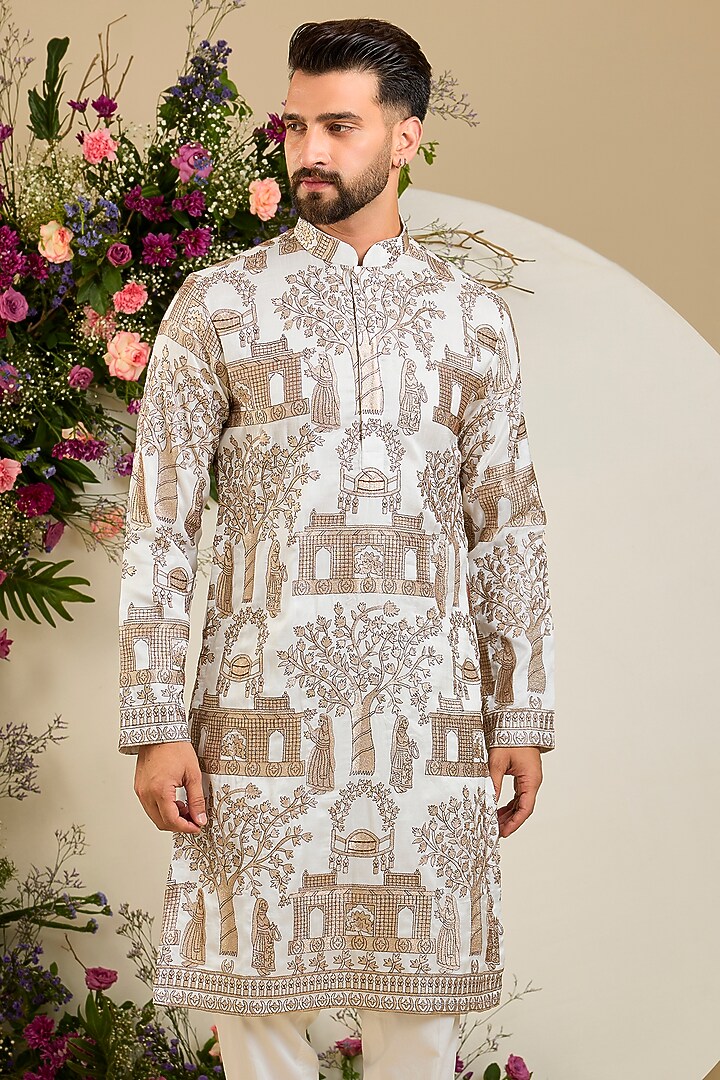 Ivory Silk Zari Embellished Kurta by Kasbah Clothing at Pernia's Pop Up Shop
