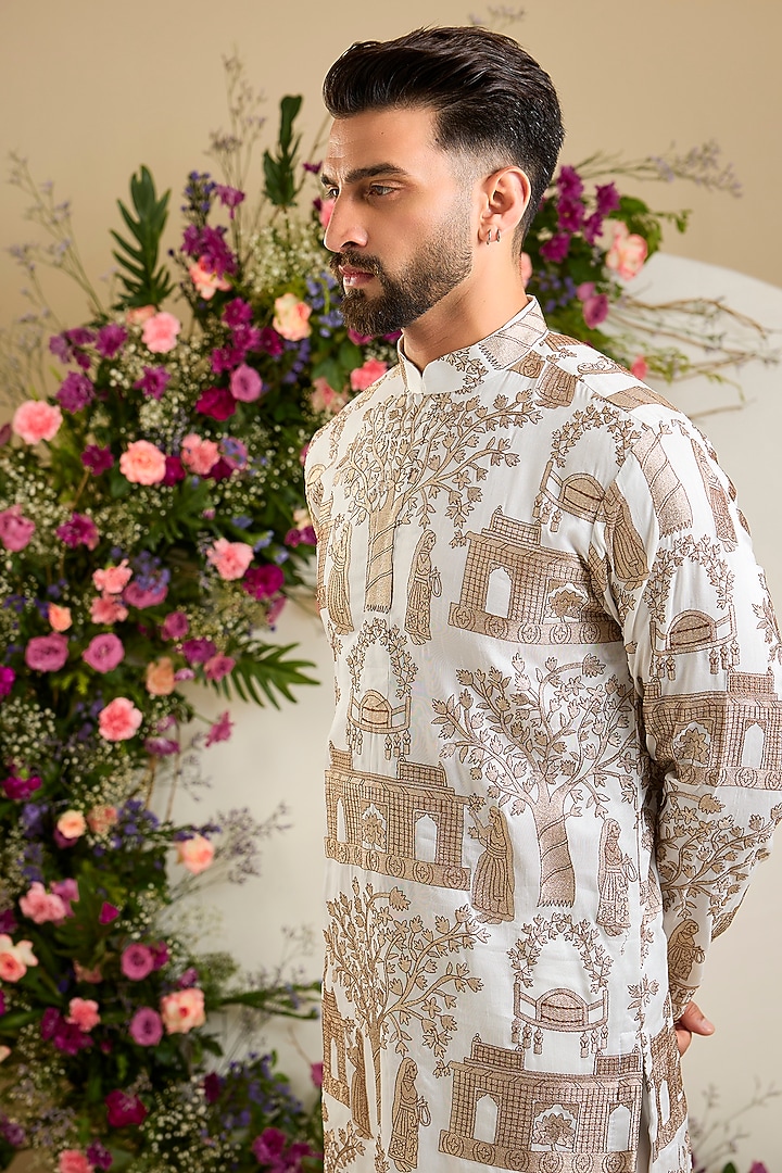 Ivory Silk Zari Embellished Kurta by Kasbah Clothing at Pernia's Pop Up Shop