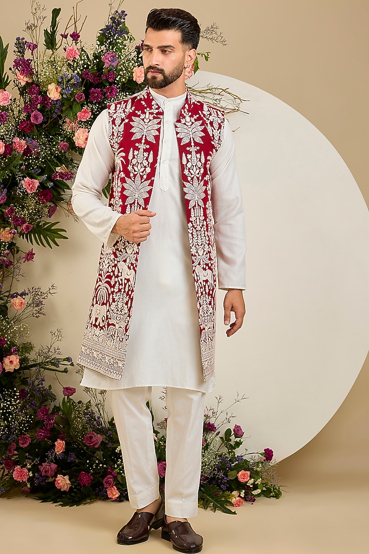 Red Georgette Sequin Embellished Long Jacket by Kasbah Clothing at Pernia's Pop Up Shop
