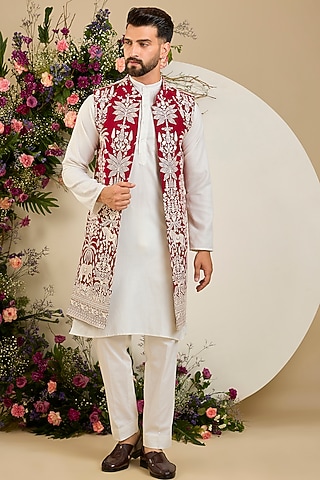 Red Georgette Sequin Embellished Long Jacket by Kasbah Clothing