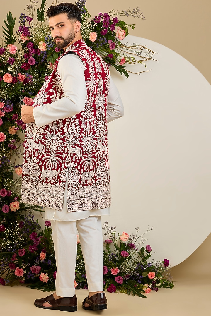 Red Georgette Sequin Embellished Long Jacket by Kasbah Clothing at Pernia's Pop Up Shop