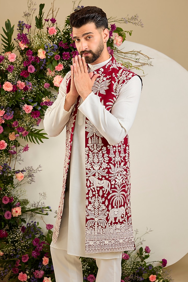 Red Georgette Sequin Embellished Long Jacket by Kasbah Clothing at Pernia's Pop Up Shop