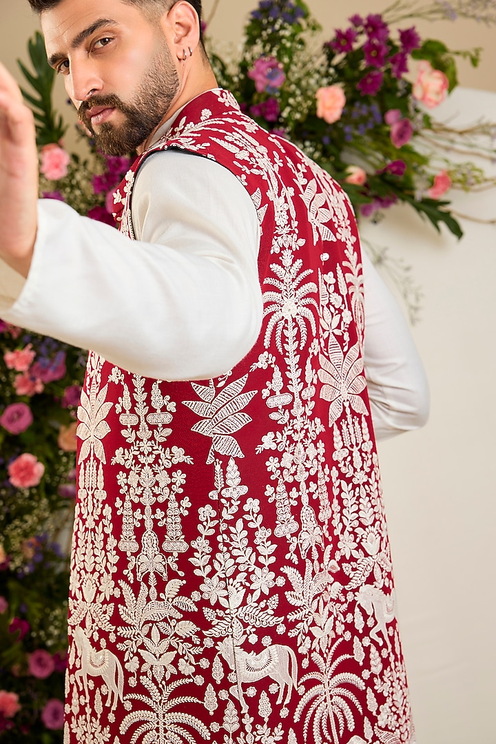 Red Georgette Sequin Embellished Long Jacket by Kasbah Clothing at Pernia's Pop Up Shop