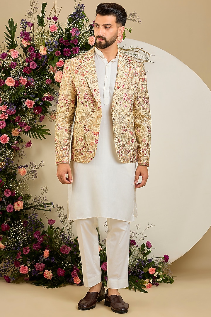 Gold Georgette Sequin Embellished Blazer by Kasbah Clothing at Pernia's Pop Up Shop