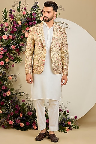 Gold Georgette Sequin Embellished Blazer by Kasbah Clothing