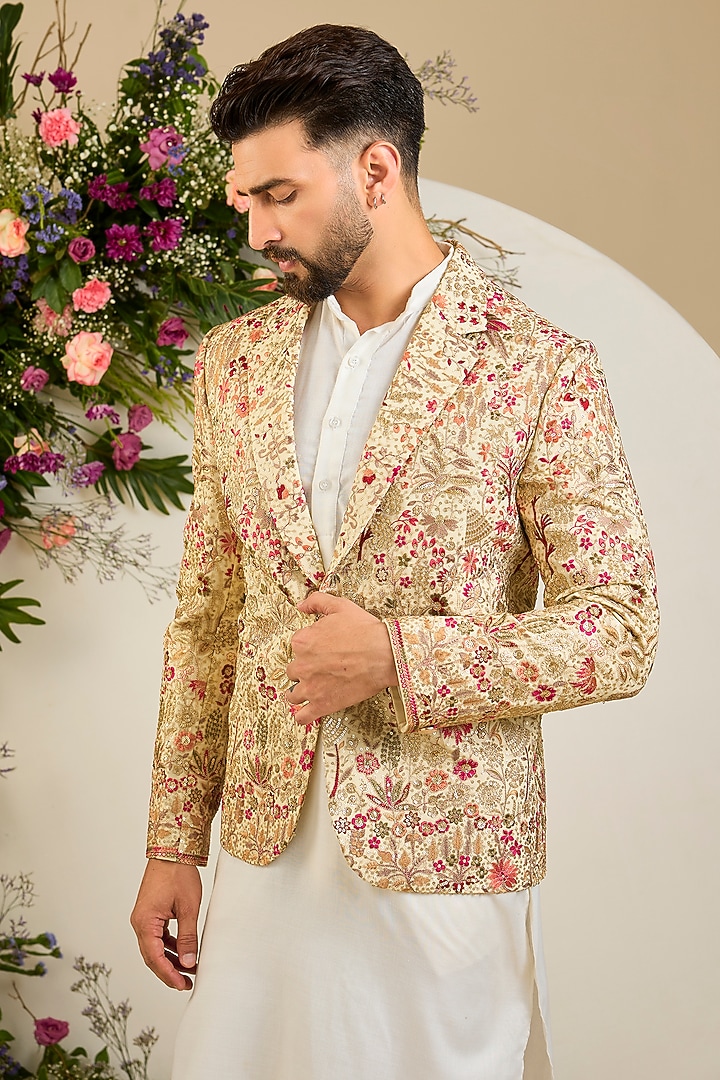 Gold Georgette Sequin Embellished Blazer by Kasbah Clothing at Pernia's Pop Up Shop