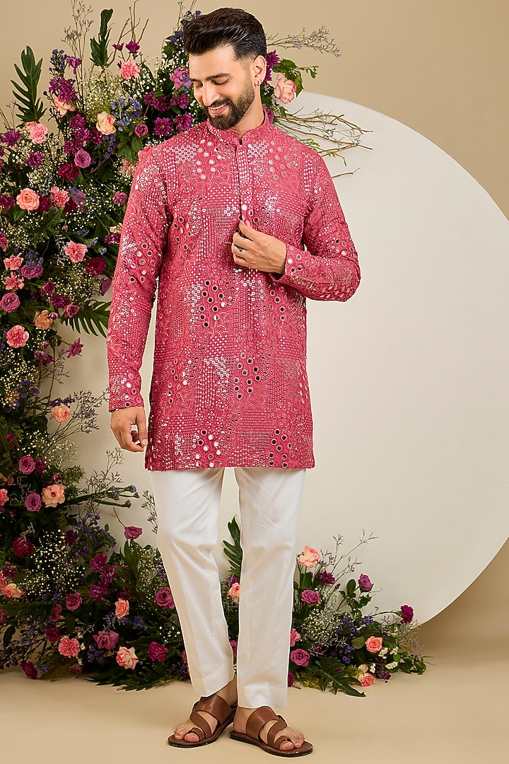 Sage Pink Silk Mirror & Sequin Embellished Kurta by Kasbah Clothing at Pernia's Pop Up Shop