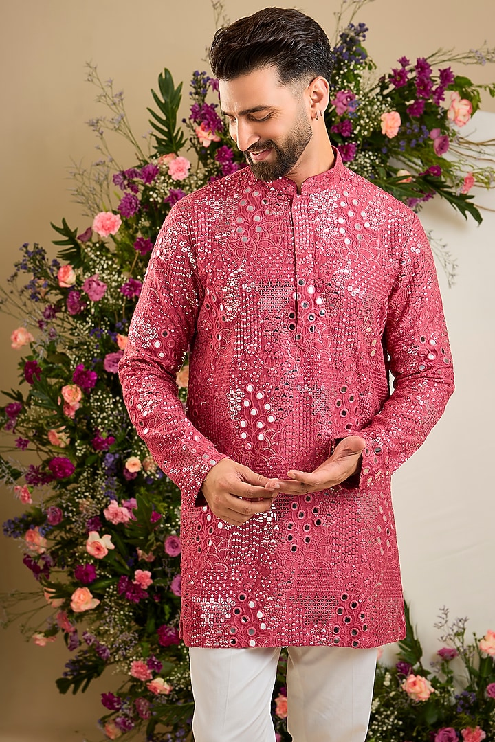 Sage Pink Silk Mirror & Sequin Embellished Kurta by Kasbah Clothing at Pernia's Pop Up Shop