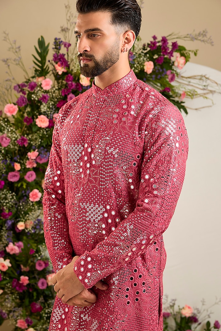 Sage Pink Silk Mirror & Sequin Embellished Kurta by Kasbah Clothing at Pernia's Pop Up Shop