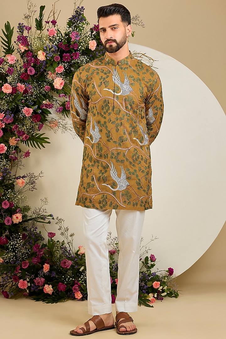 Mustard Silk Thread & Sequin Embellished Kurta by Kasbah Clothing at Pernia's Pop Up Shop