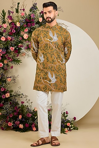 Mustard Silk Thread & Sequin Embellished Kurta by Kasbah Clothing