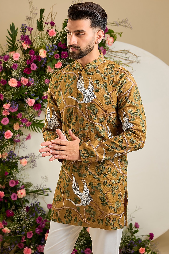Mustard Silk Thread & Sequin Embellished Kurta by Kasbah Clothing at Pernia's Pop Up Shop