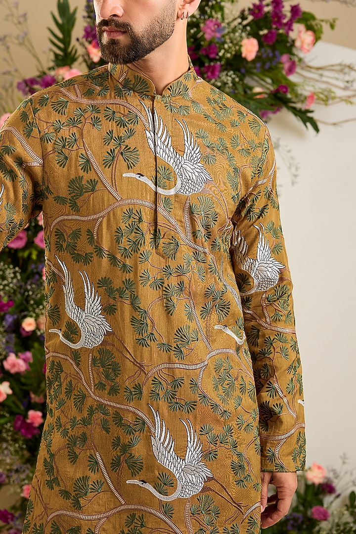 Mustard Silk Thread & Sequin Embellished Kurta by Kasbah Clothing at Pernia's Pop Up Shop