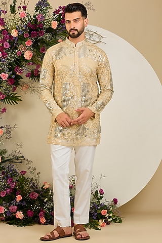 Gold Net Floral Thread Embellished Short Kurta by Kasbah Clothing