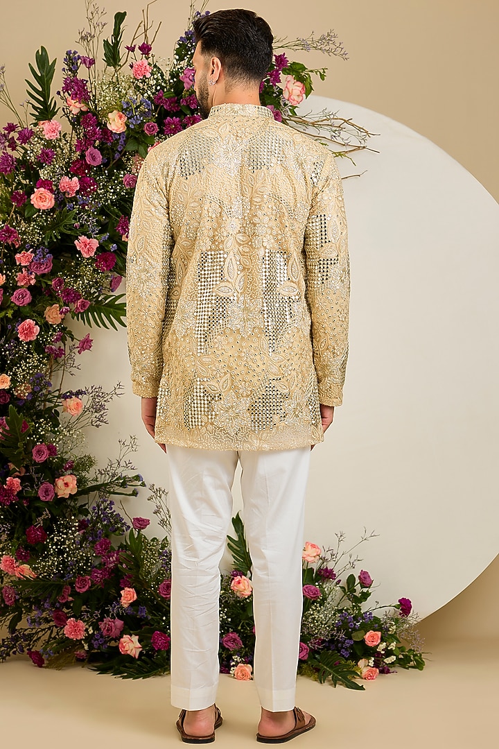 Gold Net Floral Thread Embellished Short Kurta by Kasbah Clothing at Pernia's Pop Up Shop