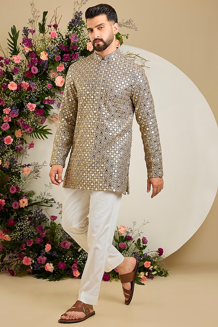 Grey Georgette Mirror Embellished Short Kurta by Kasbah Clothing at Pernia's Pop Up Shop