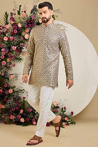 Grey Georgette Mirror Embellished Short Kurta by Kasbah Clothing