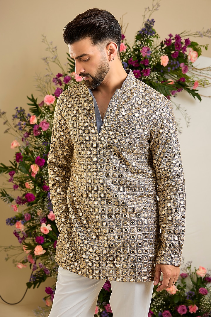 Grey Georgette Mirror Embellished Short Kurta by Kasbah Clothing at Pernia's Pop Up Shop