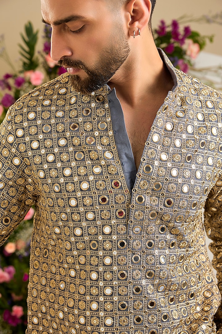 Grey Georgette Mirror Embellished Short Kurta by Kasbah Clothing at Pernia's Pop Up Shop