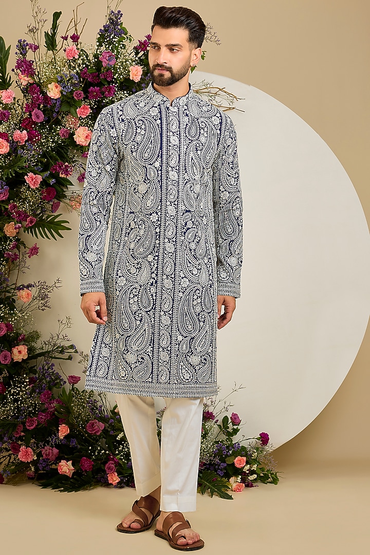 Royal Blue Georgette Sequin Embellished Kurta by Kasbah Clothing at Pernia's Pop Up Shop