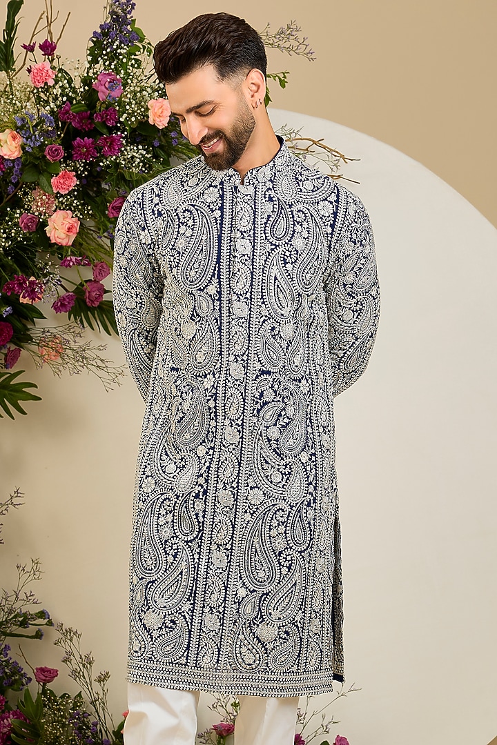 Royal Blue Georgette Sequin Embellished Kurta by Kasbah Clothing at Pernia's Pop Up Shop
