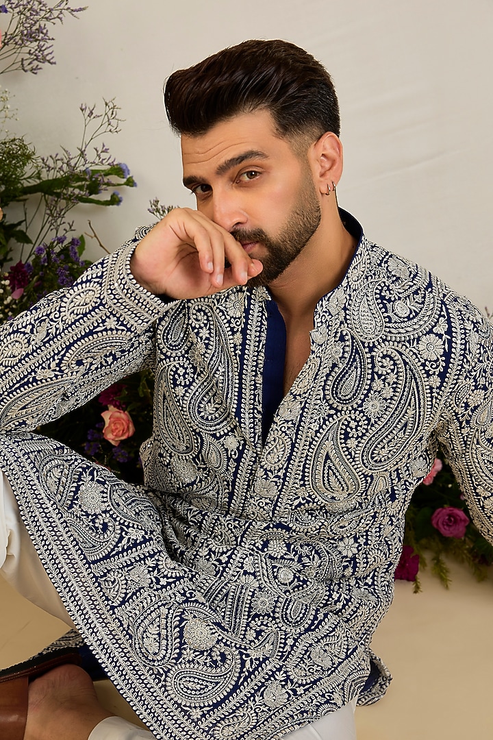 Royal Blue Georgette Sequin Embellished Kurta by Kasbah Clothing at Pernia's Pop Up Shop