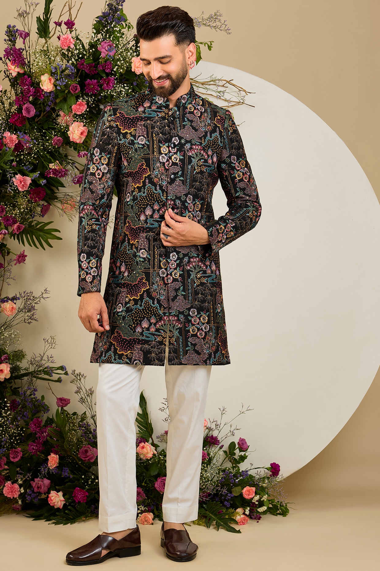 Kasbah Clothing Black Jute Sequin Embellished Short Sherwani