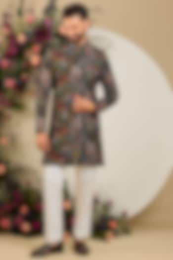 Black Jute Sequin Embellished Short Wedding Sherwani by Kasbah Clothing at Pernia's Pop Up Shop