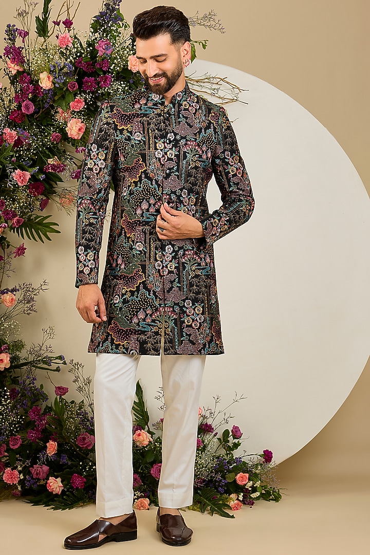 Black Jute Sequin Embellished Short Wedding Sherwani by Kasbah Clothing at Pernia's Pop Up Shop