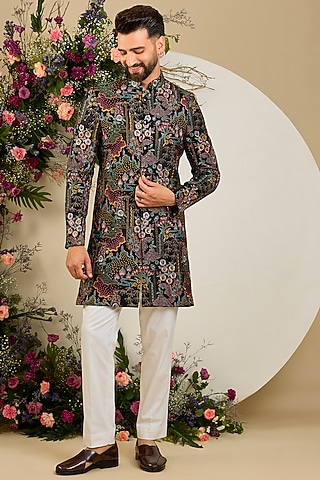 Black Jute Sequin Embellished Short Sherwani by Kasbah Clothing