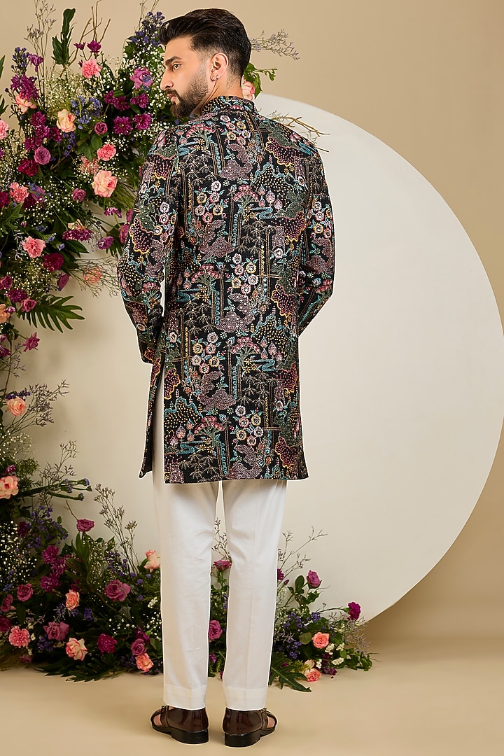 Black Jute Sequin Embellished Short Wedding Sherwani by Kasbah Clothing at Pernia's Pop Up Shop