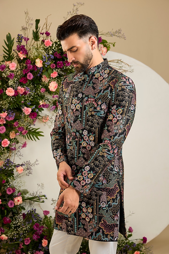 Black Jute Sequin Embellished Short Wedding Sherwani by Kasbah Clothing at Pernia's Pop Up Shop
