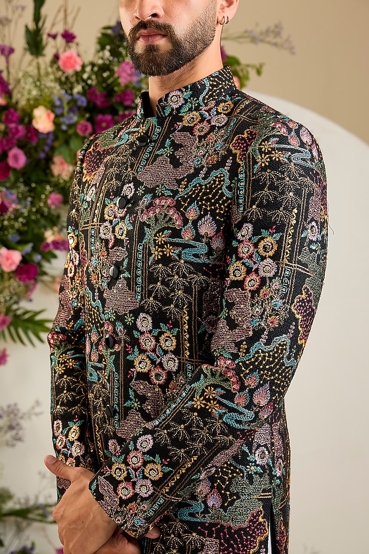 Black Jute Sequin Embellished Short Wedding Sherwani by Kasbah Clothing at Pernia's Pop Up Shop