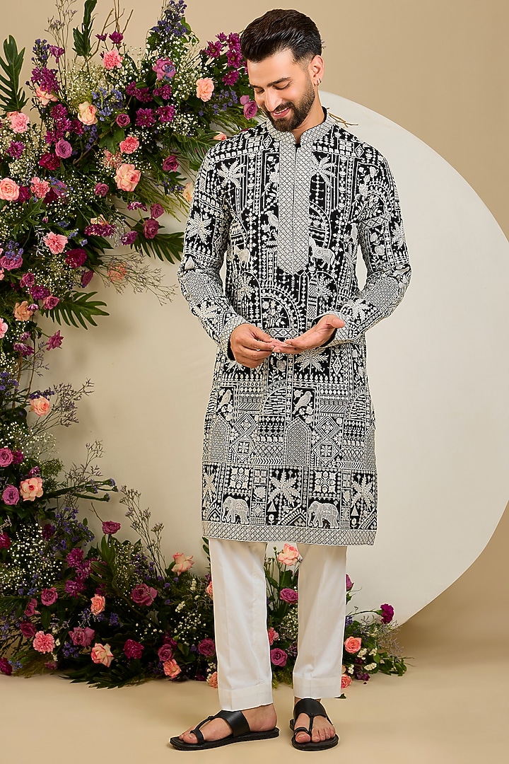 Black Georgette Sequin Embellished Kurta by Kasbah Clothing at Pernia's Pop Up Shop