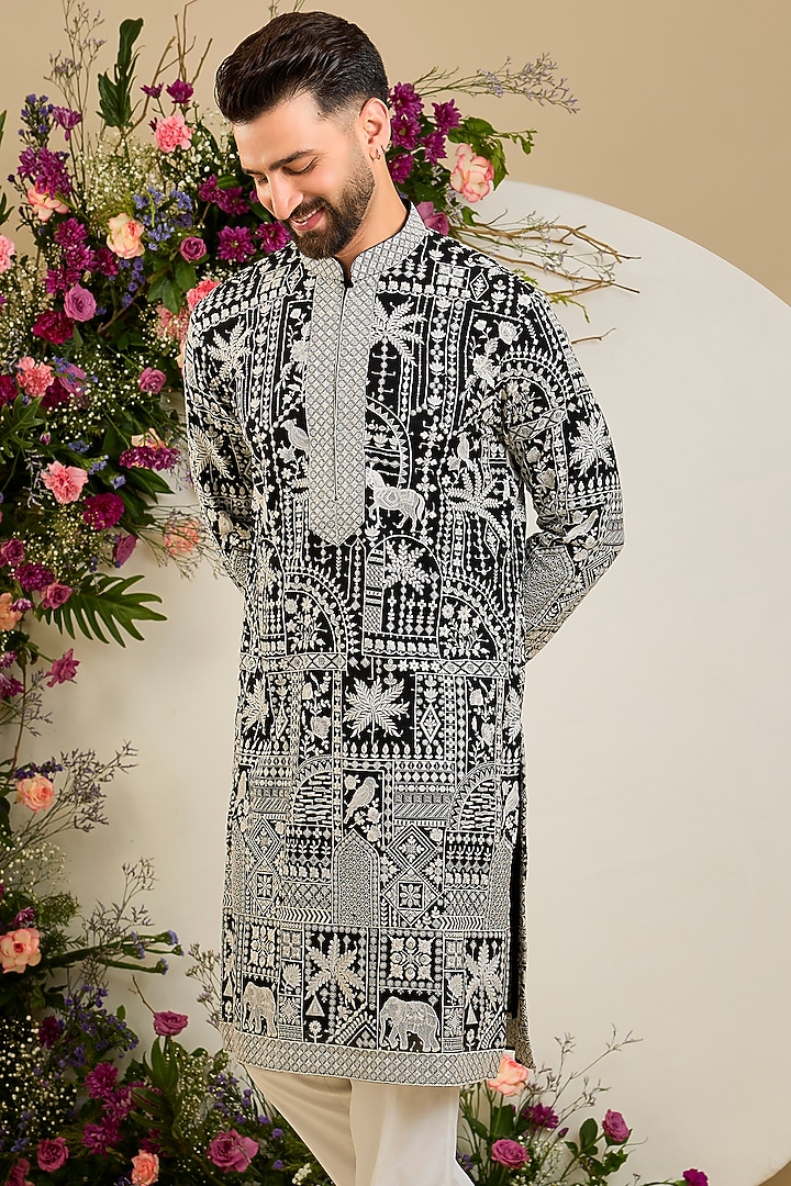 Black Georgette Sequin Embellished Kurta by Kasbah Clothing at Pernia's Pop Up Shop