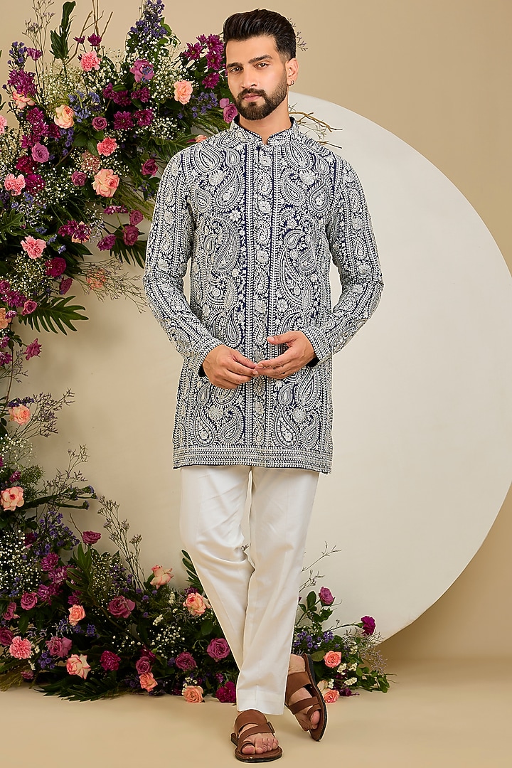 Royal Blue Georgette Sequin Embellished Kurta by Kasbah Clothing at Pernia's Pop Up Shop