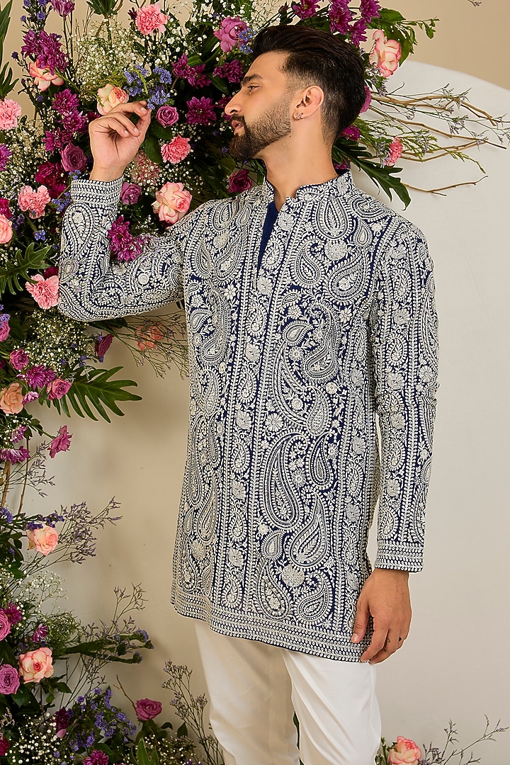Royal Blue Georgette Sequin Embellished Kurta by Kasbah Clothing at Pernia's Pop Up Shop