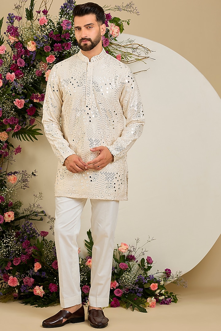 Cream Silk Mirror & Sequin Embellished Kurta by Kasbah Clothing at Pernia's Pop Up Shop