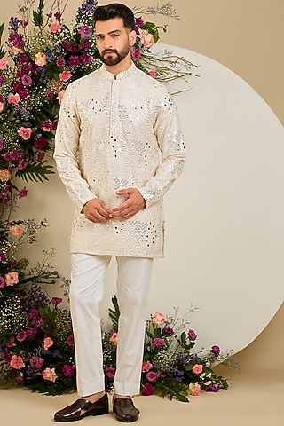 Cream Silk Mirror & Sequin Embellished Kurta by Kasbah Clothing