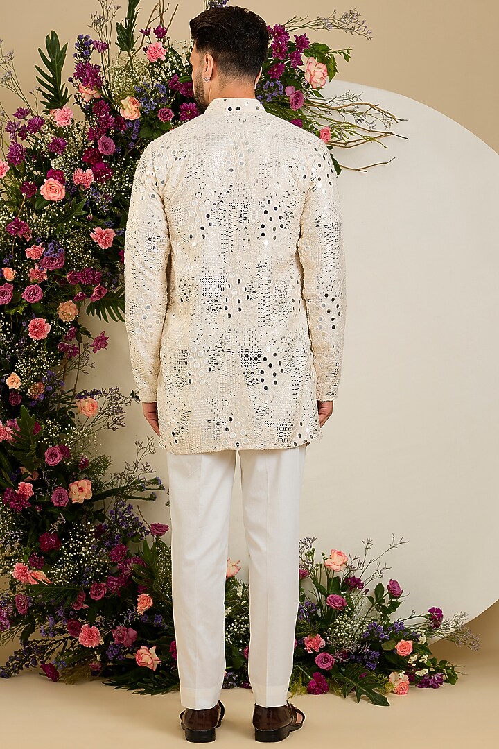 Cream Silk Mirror & Sequin Embellished Kurta by Kasbah Clothing at Pernia's Pop Up Shop