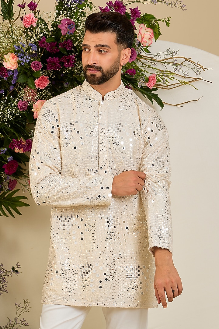 Cream Silk Mirror & Sequin Embellished Kurta by Kasbah Clothing at Pernia's Pop Up Shop