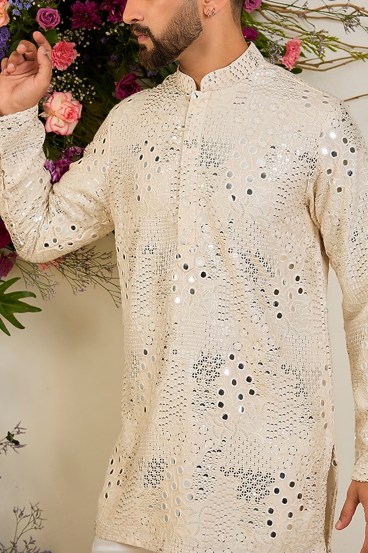 Cream Silk Mirror & Sequin Embellished Kurta by Kasbah Clothing at Pernia's Pop Up Shop