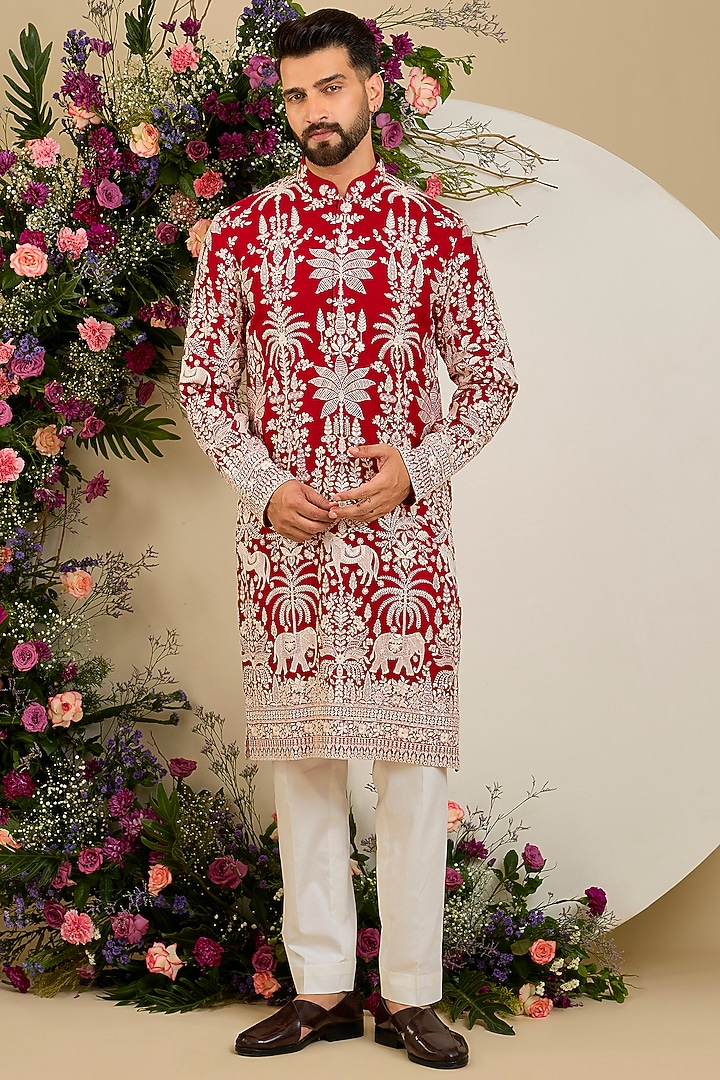 Red Georgette Thread & Sequin Embellished Kurta by Kasbah Clothing at Pernia's Pop Up Shop