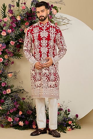 Red Georgette Thread & Sequin Embellished Kurta by Kasbah Clothing