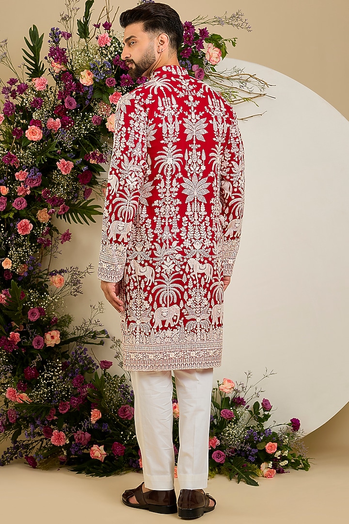 Red Georgette Thread & Sequin Embellished Kurta by Kasbah Clothing at Pernia's Pop Up Shop