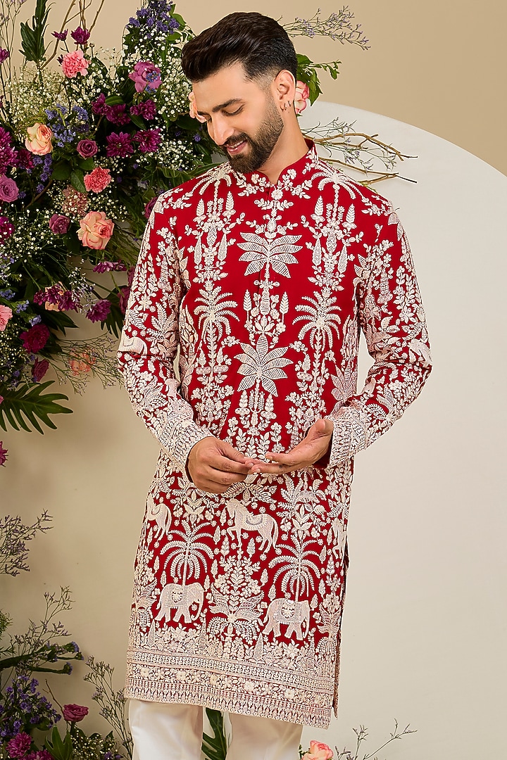 Red Georgette Thread & Sequin Embellished Kurta by Kasbah Clothing at Pernia's Pop Up Shop