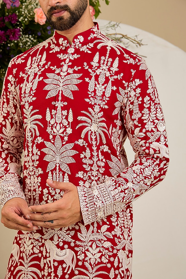 Red Georgette Thread & Sequin Embellished Kurta by Kasbah Clothing at Pernia's Pop Up Shop