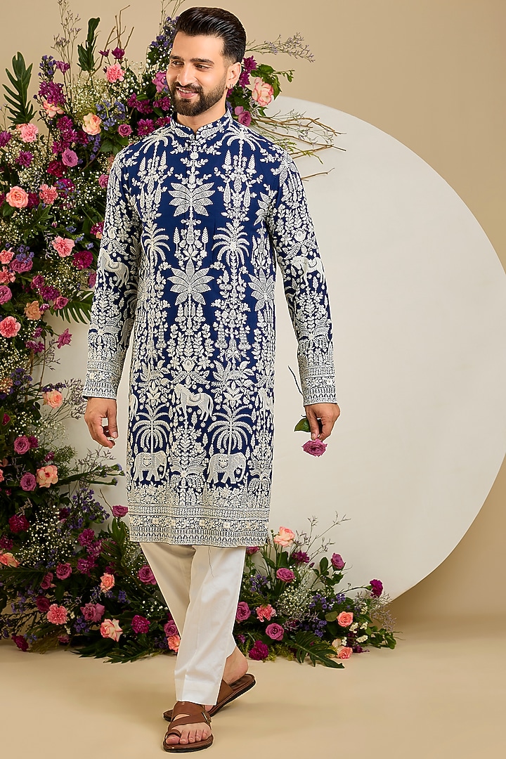 Royal Blue Georgette Thread & Sequin Embellished Kurta by Kasbah Clothing at Pernia's Pop Up Shop