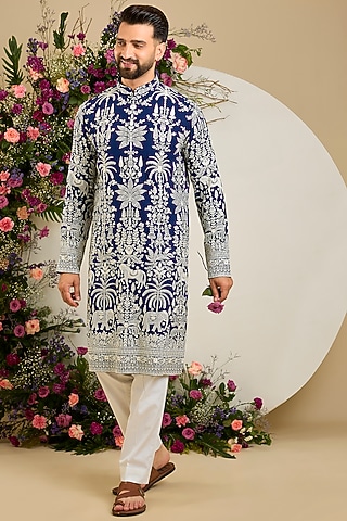 Royal Blue Georgette Thread & Sequin Embellished Kurta by Kasbah Clothing